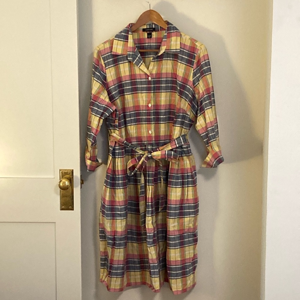 Lands’ End 20W blue-yellow-pink-green Plaid Shirt Dress (with pockets!)